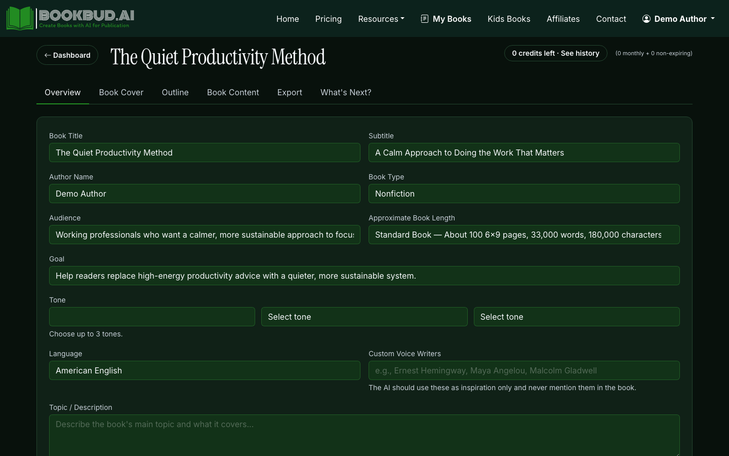 The project editor with outline, section list, and Quill rich-text editor side by side